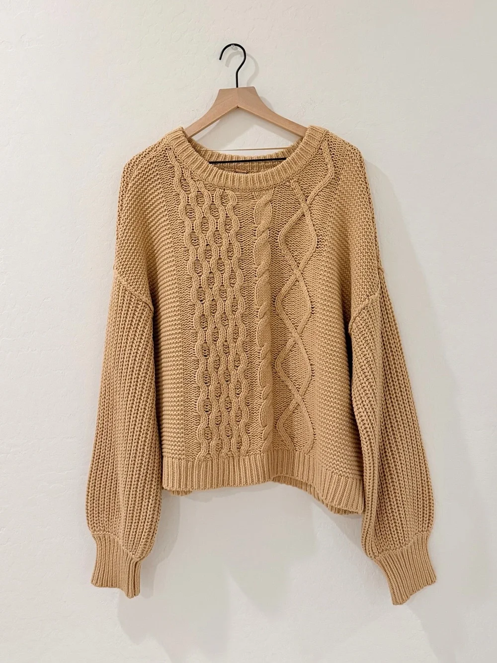 Free People Cable Knit Crewneck Sweater in Camel Tan
